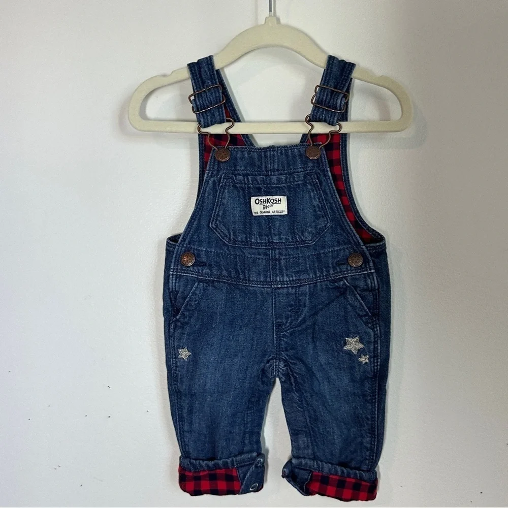 OshKosh Vestbak Buffalo Check Lined Denim Oversalls Embroidered Start Sz 3M
